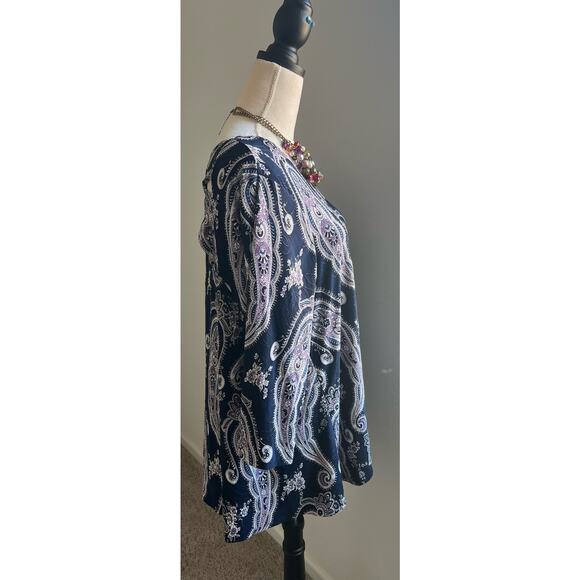 Roz & Ali Blouse Paisley Floral Purple White Stretch Tunic Keyhole Swing Top 2X - Picture 3 of 9
